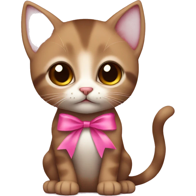 Little brown kitten with a pink ribbon around its neck, big brown eyes emoji