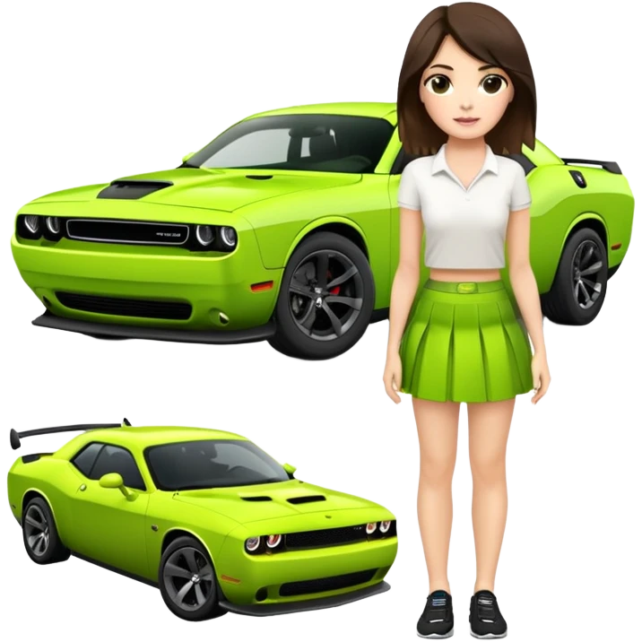 lime green dodge challenger scat pack widebody with a short brunette wearing a skirt emoji