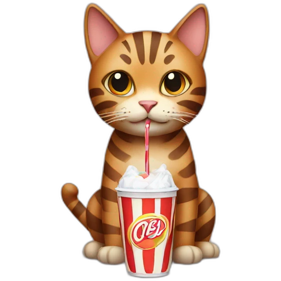 A striped brown cat  drinking a soda emoji