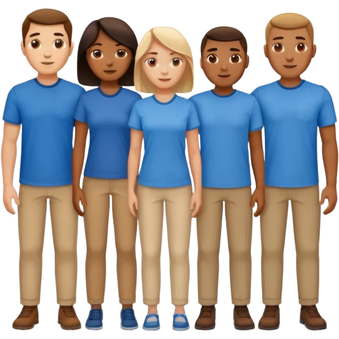 CREA UN EMOJI DE 7 PERSONAS HOMBRES Y MUJERES, CON CAMISA AZUL SOLO 7 SIETE PERSONAS CUERPO COMPLETO emoji