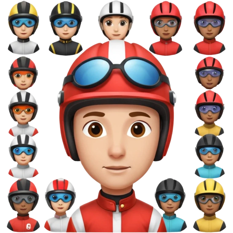 diverse horse race jockey portraits, head and shoulders only, different skin tones, different helmet colors, racing goggles, 3D cartoon, mobile game icon style, clean background, no text, no watermark
 emoji