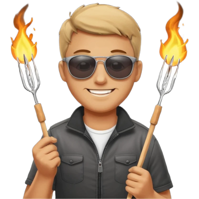 A guy in sunglasses holding tongs, proudly turning skewers over glowing charcoal. emoji