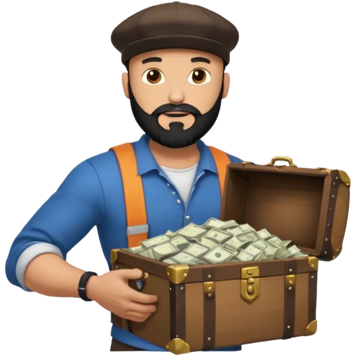 Strong bald man black beard snapback, holding treasure chest full of papers, Instagram logo glowing, dollar signs, minimalStrong bald man black beard snapback, holding treasure chest full of papers, Instagram logo glowing, dollar signs, minimal emoji