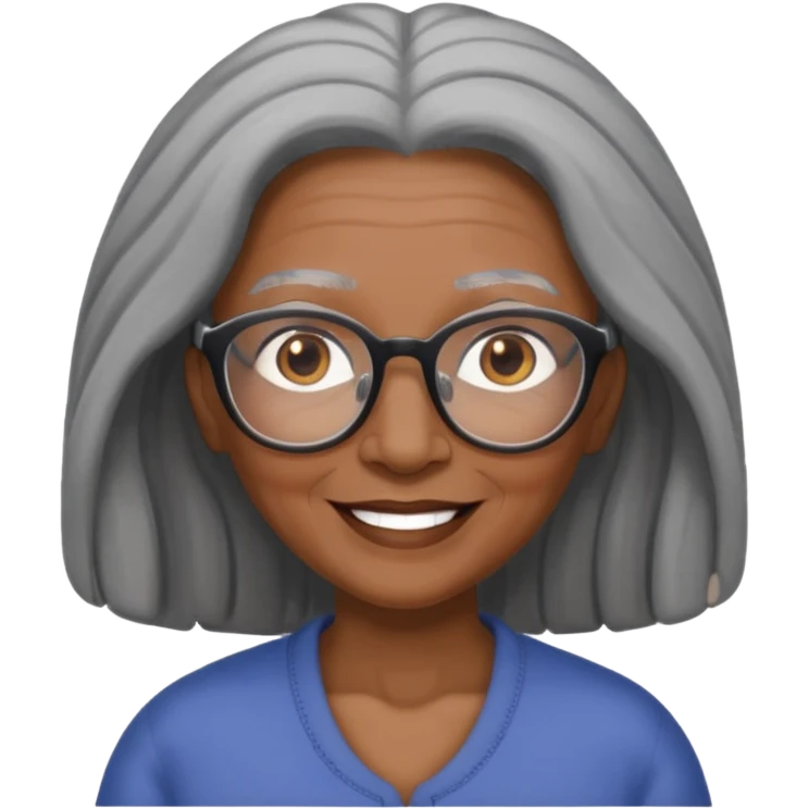 emoji of a black grandma with long hair that reaches past shoulder black and gray hair with glasses and brown eyebrows emoji