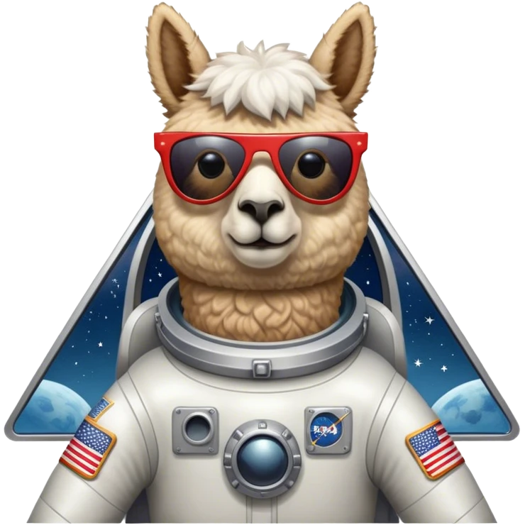 alpaca with sunglasses in rocketship flown to the moon emoji