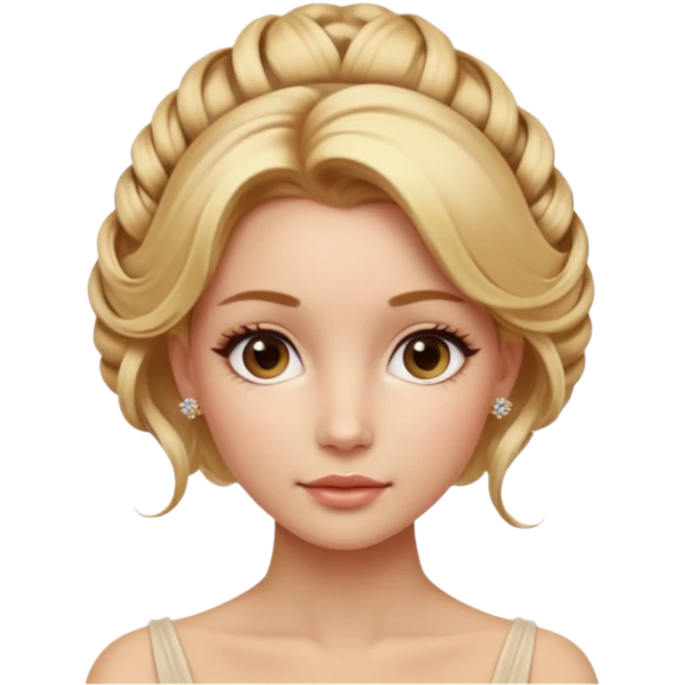 Cinematic Realistic Rococo Portrait, depicted with lifelike skin texture, subtle rosy undertones, and soft natural lighting that enhances the gentle contours of her face. Her intricately detailed golden blonde hair is elegantly styled in an updo, with delicate wisps framing her face.  emoji