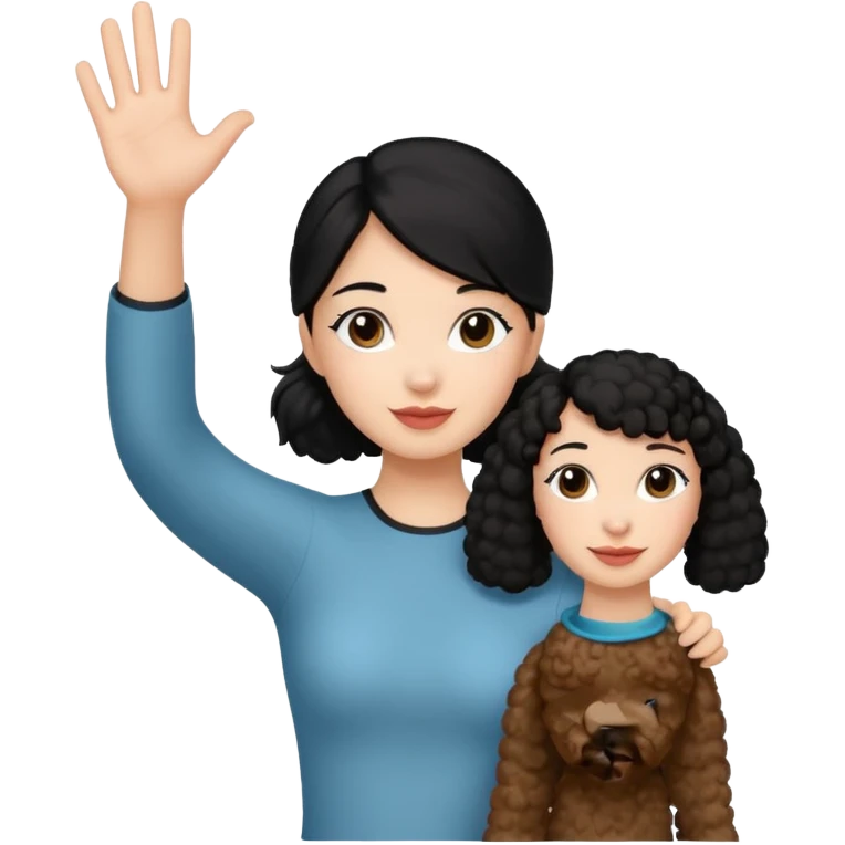 Ponytail black hair girl with brown Poodle say goodbye  emoji
