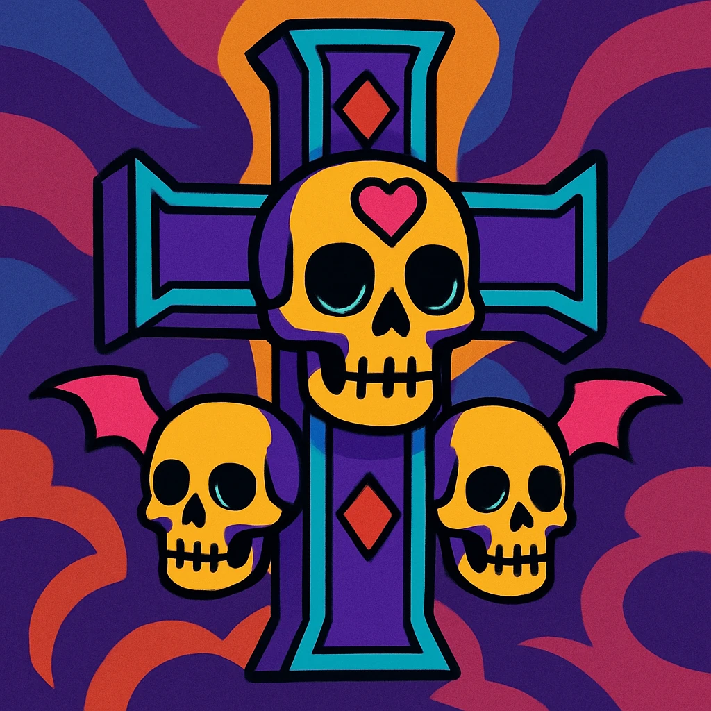 goth cross with skulls, vibrant colors, toon style emoji