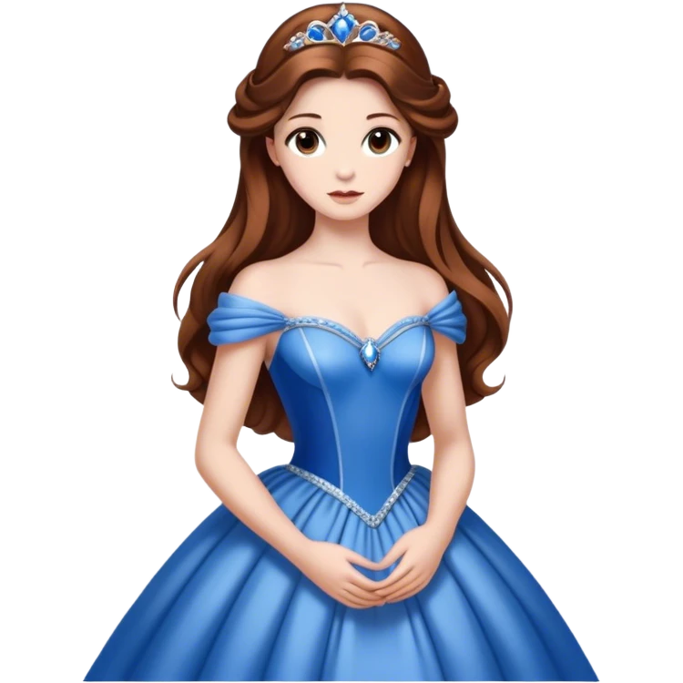 Cinematic Elegant Belle Portrait Emoji, rendered in a realistic, vector-style with minimal shading and bold, simplified shapes. Depict Belle (chest and above) with fair, luminous skin, deep brown expressive eyes, and long, flowing chestnut hair styled elegantly, wearing her classic blue ball gown. The image glows with a soft, warm radiance and high shine, capturing timeless refined beauty. emoji
