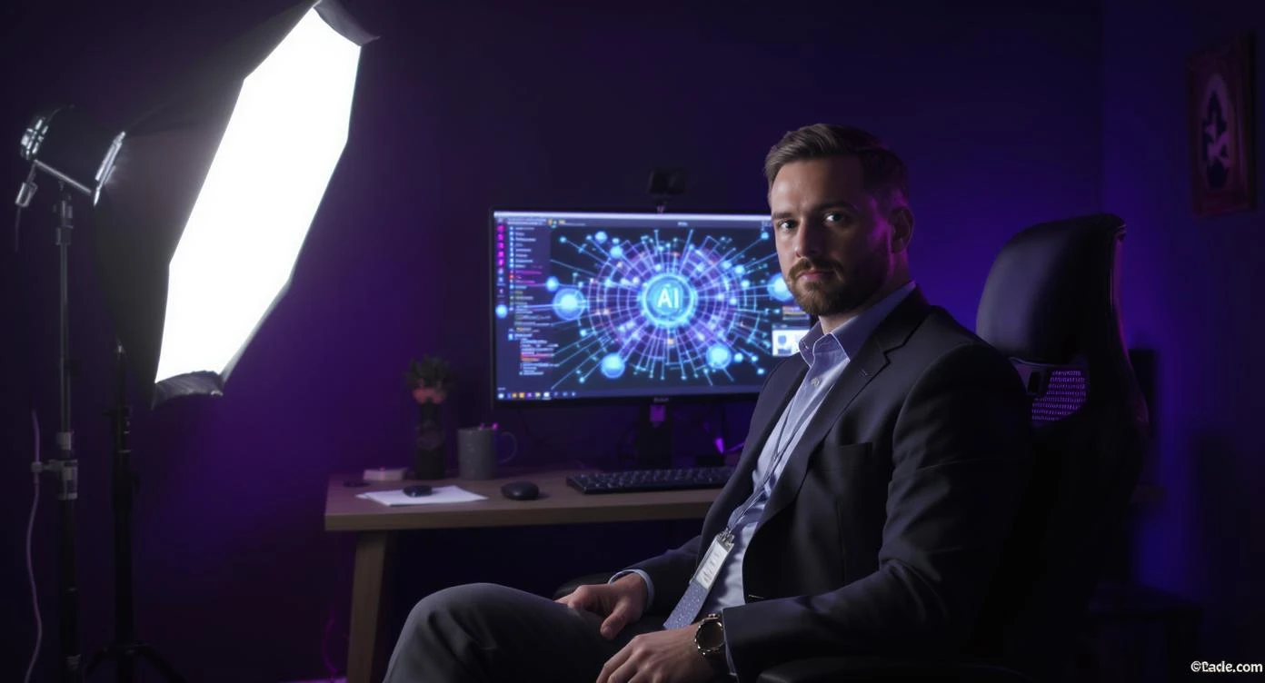 Course thumbnail, Photo of a business sitting on chair looking at camera, in background is computer with AI art on it, white softbox key light, environment is dark background but have proffesiona purple ambilight and leading lines, image feels proffesional and clean, rule od thirds emoji