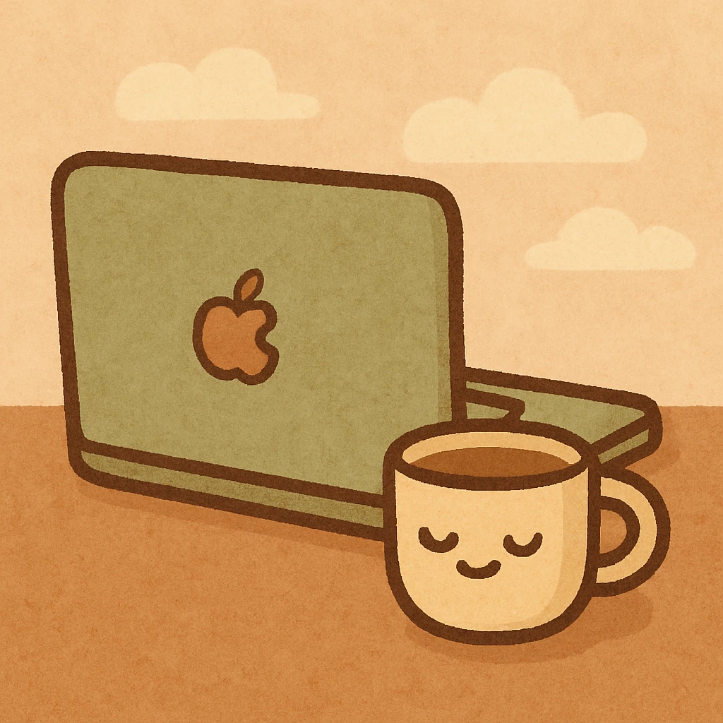 MacBook con una taza de café al lado, estilo minimalista y limpio emoji