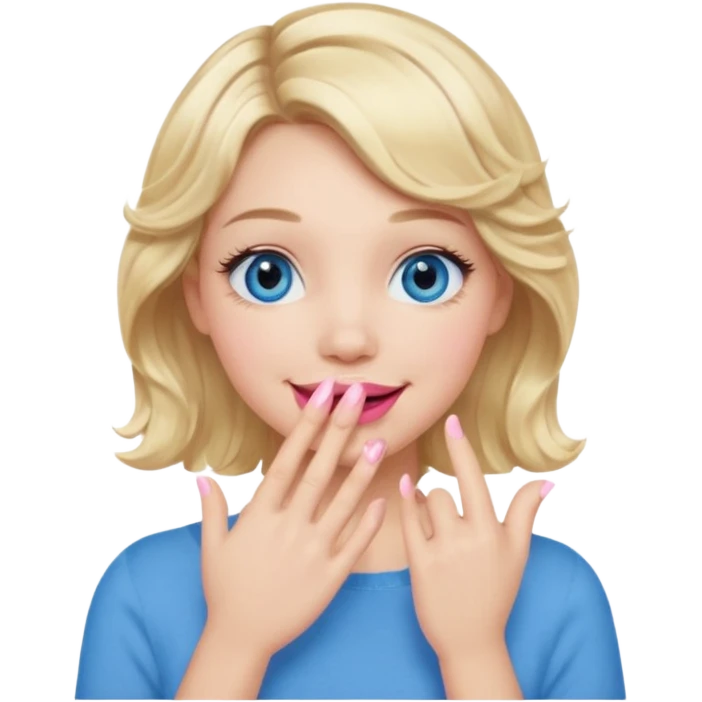 Girl Blonde short wavy hair,  blue eyes, cute blue top, long lashes, pink lips, smiling, hand covering the mouth emoji