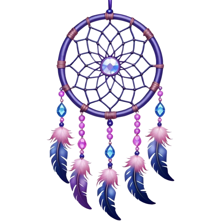 Iridescent shiny transparent pastel purple-pink-indigo-violet crescent Dreamcatcher-suncatcher hanging from a thread, with gemstones, and beads emoji