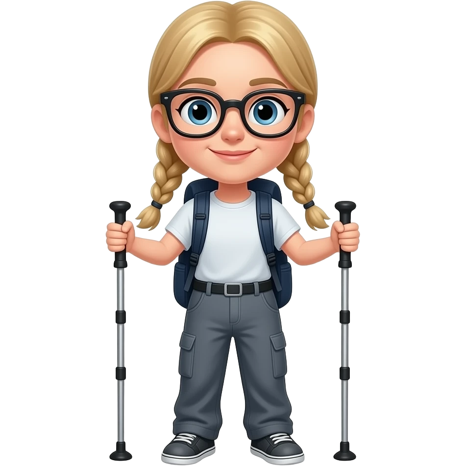 Chica rubia con dos trenzas de raíz gafas negras pantalones grises de montaña y forro negro con dos palos de pontaña y una mochila azul oscura emoji