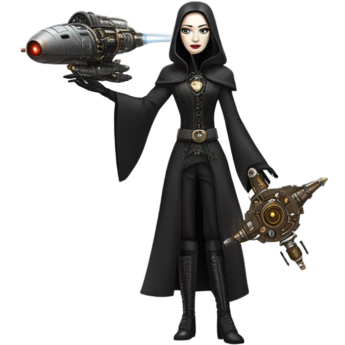 Jedi teen Morticia Addams flying a Jumpspeeder anti-gravity repulsorlift powered by an imperial speeder steampunk  emoji