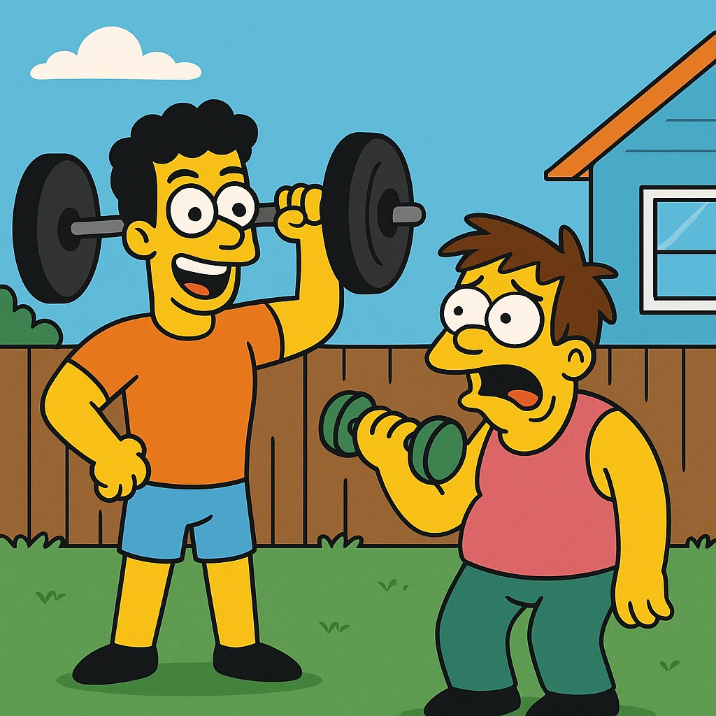 Jake and Tom have been gym buddies (friends who go to the gym together) for months (maybe 3–6 months or more), but their workout styles (the way they exercise or train—like lifting weights) couldn’t be more different (they’re very, very different). emoji
