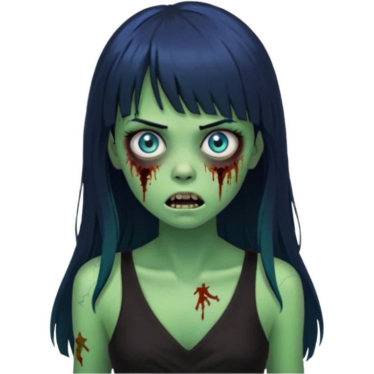 faça uma garota na forma de zumbi com a pele verde, assustada e com os olhos azuis, com o cabelo bem preto com franja e longo e a roupa decotada preta emoji