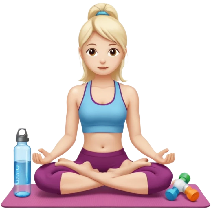 Девушка сидит на коврике для йоги и рядом стоит вода, таблетки, гантели  emoji