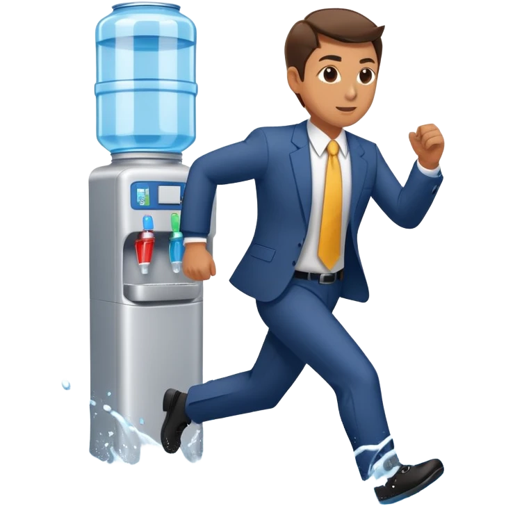 Company director running a marathon in a business suit next to a water cooler emoji