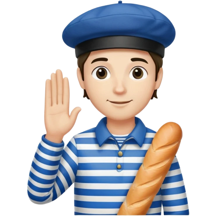 French man with blue and white striped shirt, black beret, holding a baguette, waving emoji