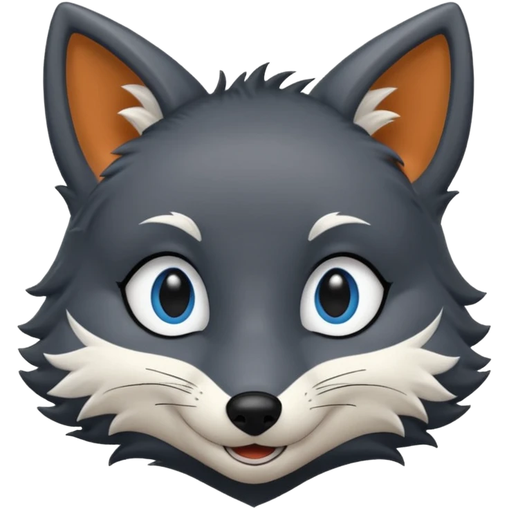 Grey furry fox with a black coat, blue eyes, and a small fringe of black hair, smiling emoji