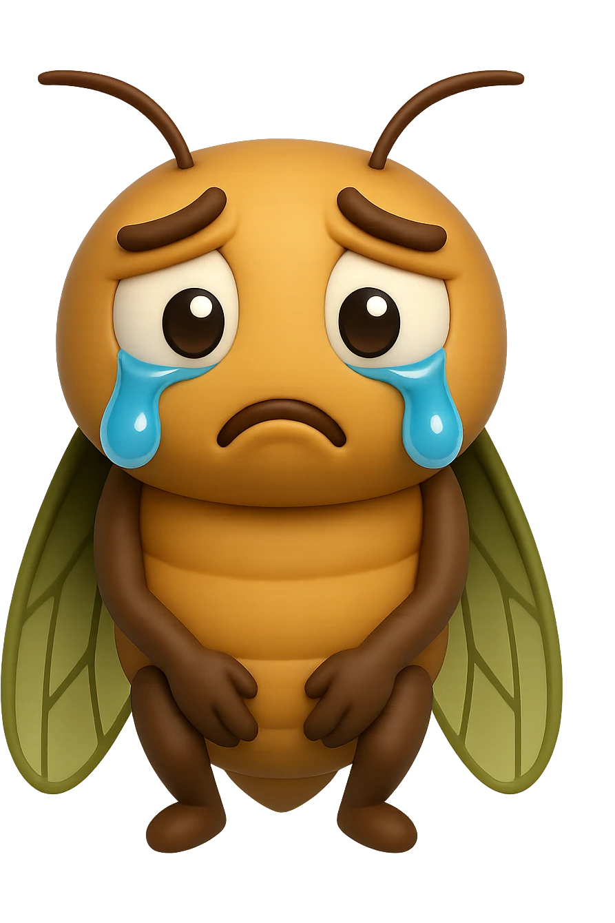 EMOJI STILE IPHONE 3D DI una cicala triste che si tocca le cosce e piange perché non le piace il suo fisico, posa frontale, fagli anche la parte bianca degli, non solo la pupilla emoji