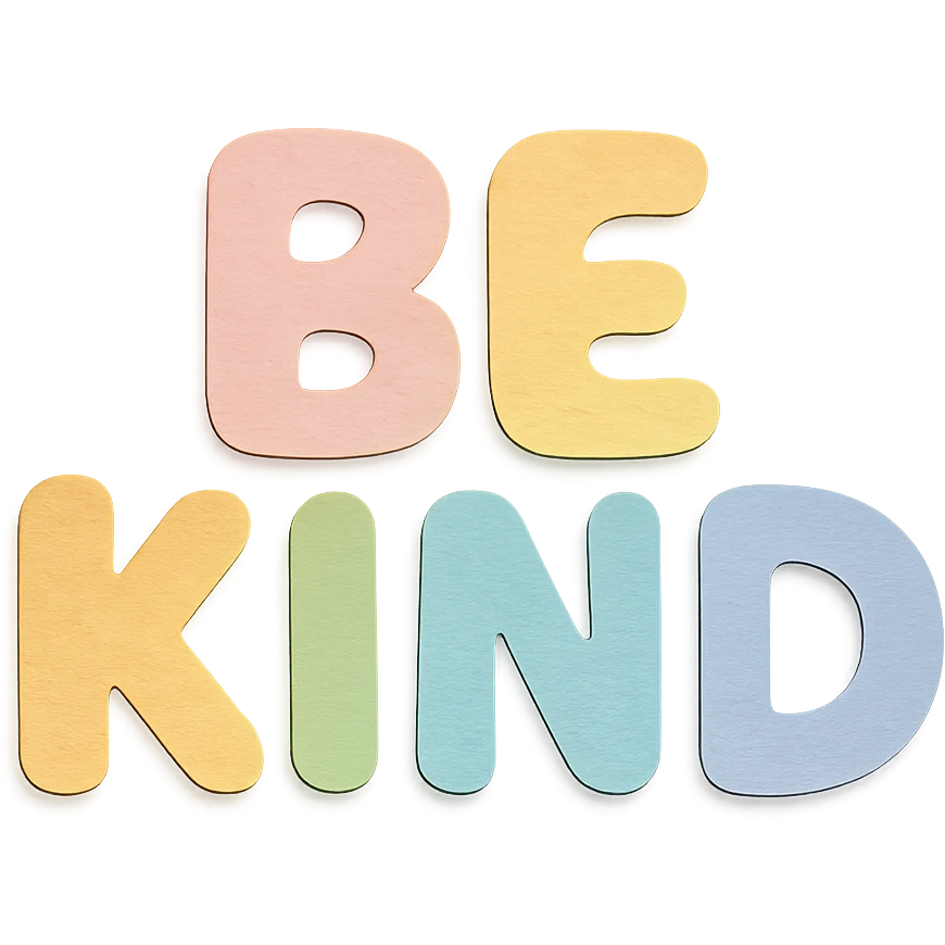 Kawaii chubby hand-drawn "Be Kind" lettering in soft pastel rainbow colors, high resolution, no outline, sticker design, transparent background emoji
