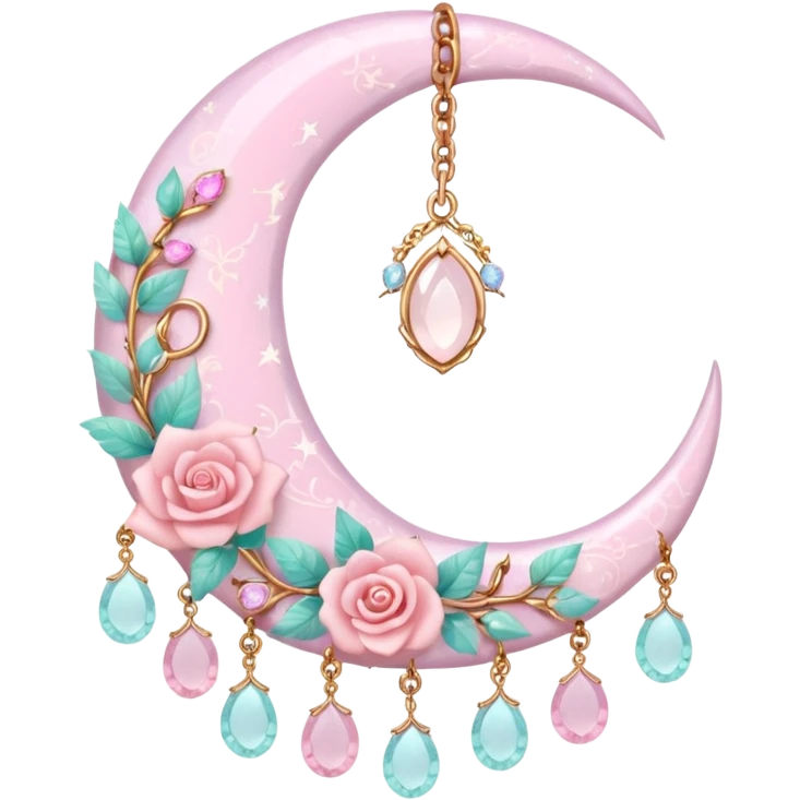Rosy shiny glossy sparkly romantic pastel crescent damask moon with rose quartz pastel vines pastel gems pastel beads with feathers and chains  emoji