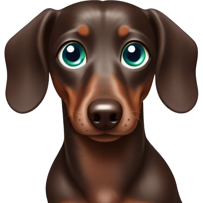 Chocolate dapple Dachshund with one blue eye and one green eye emoji