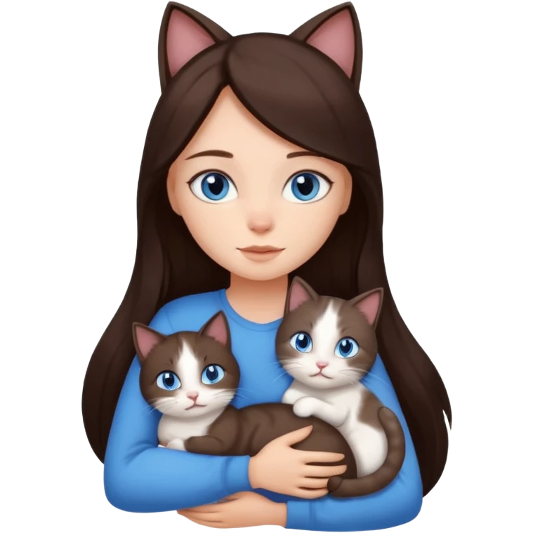 a girl with long dark 
brown hair, with blue eyes, hugs 3 different natural coloured cats emoji