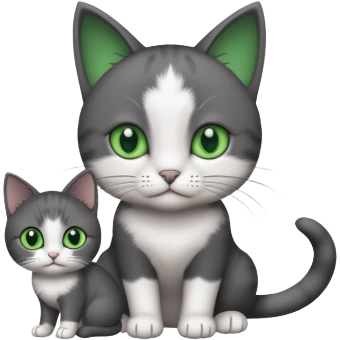 2 different coloured small cats including a dark grey and white and a completely solid dark grey with green eyes and only white paws emoji