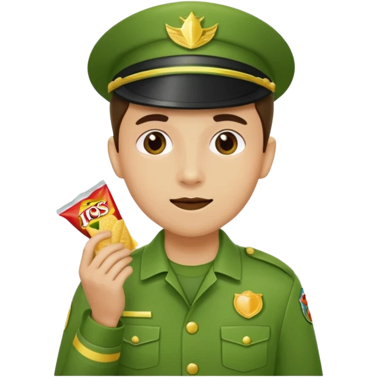 supermarket collegue wearing a green uniform and eating a packet of crisps emoji