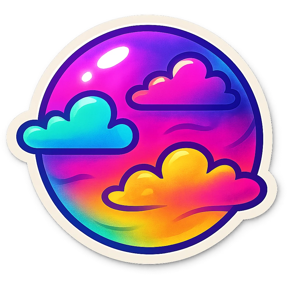 Cute planet with neon colors, clouds, and whimsical patterns, Lisa Frank style, emoji emoji