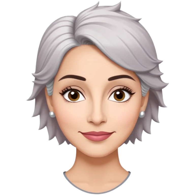 Puerto Rican actress Marian Pabón with elongated face, light pinkish skin, almond-shaped expressive eyes, straight nose, well-defined lips with wide smile, arched eyebrows, pronounced cheekbones, short spiky gray hair like a man's cut emoji