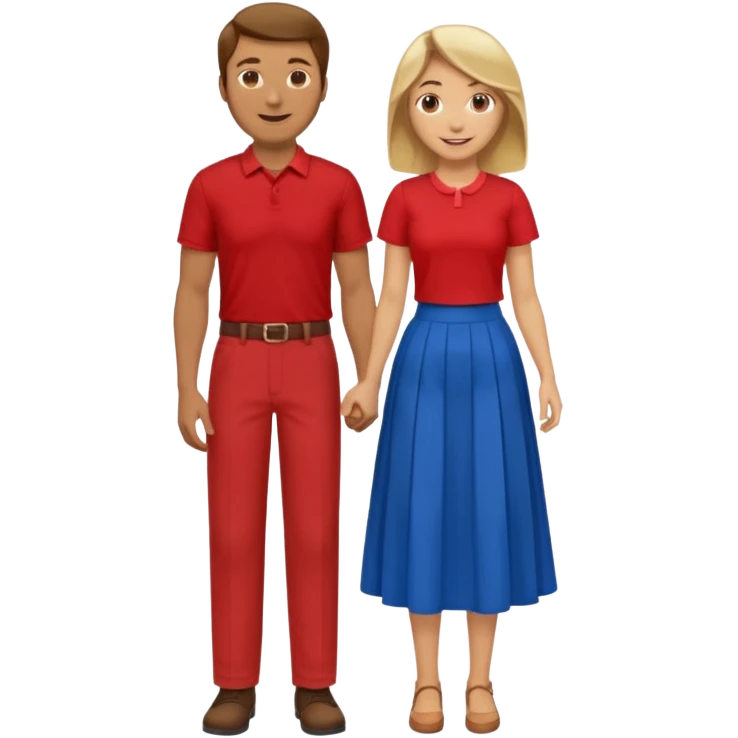 Two people dancing. Man in red shirt and  red pants with brown hair. Women in blue shirt and long skirt with blond hair. Having fun. emoji
