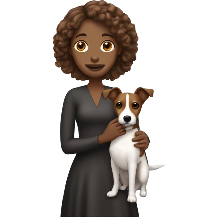 Long haired black woman holding a brown jack Russell terrier ￼ emoji