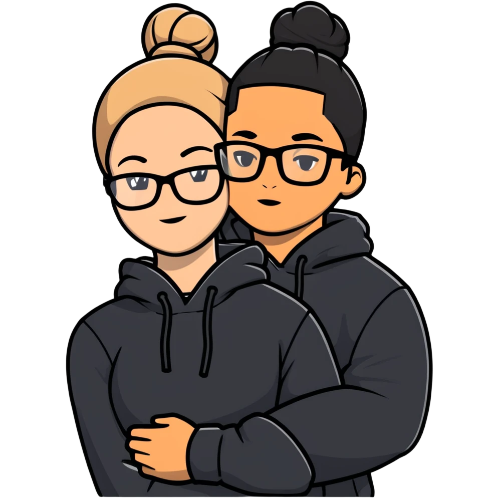 hispanic man with black hair hugging a light-skinned woman in a black Nike hoodie, woman has one bun in the back and thin black glasses emoji