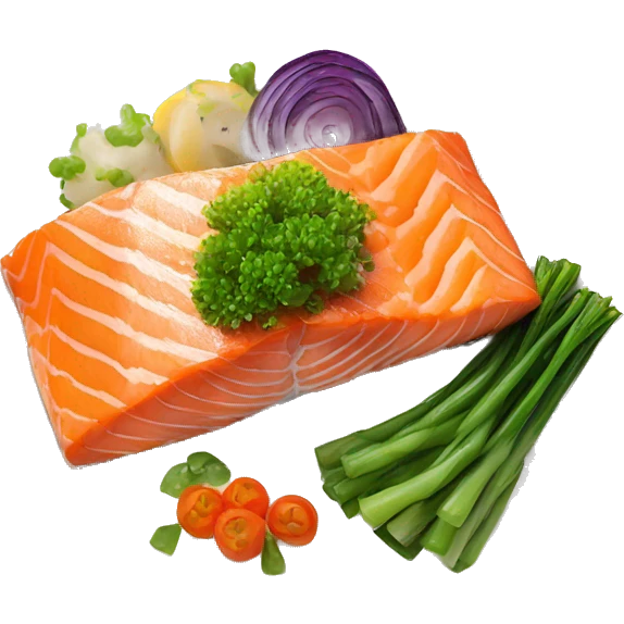 realistic piece of baked salmon served on the plate with vegetables  emoji
