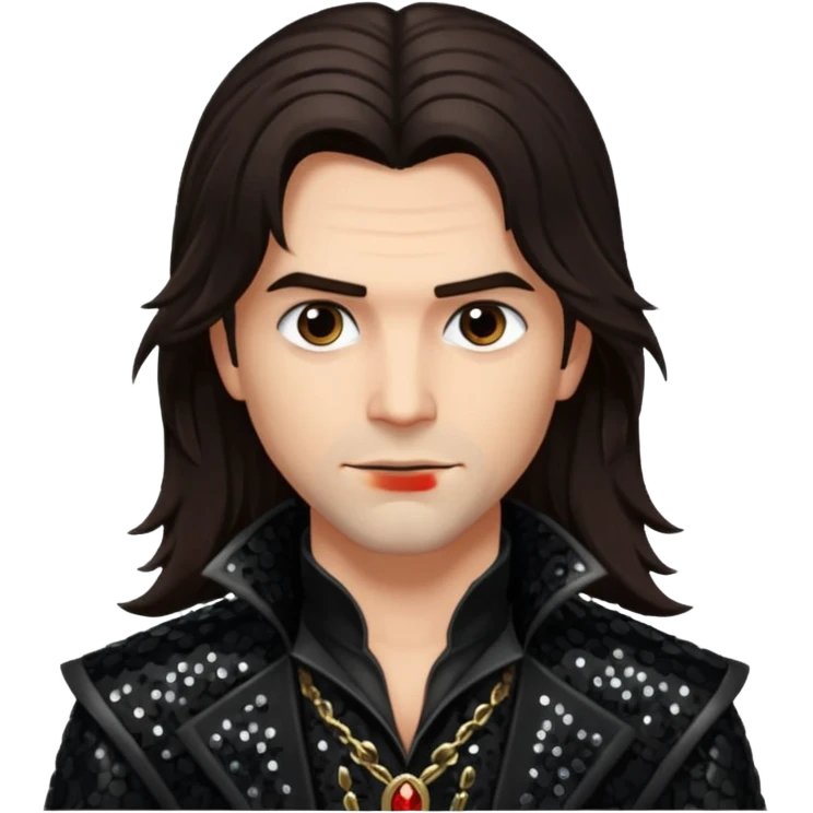 Gabriel Van Helsing from Van Helsing with long dark brown hair, black sequin outfit emoji