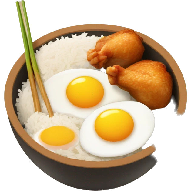 a bowl of rice with two eggs and two chicken drumstick on top emoji