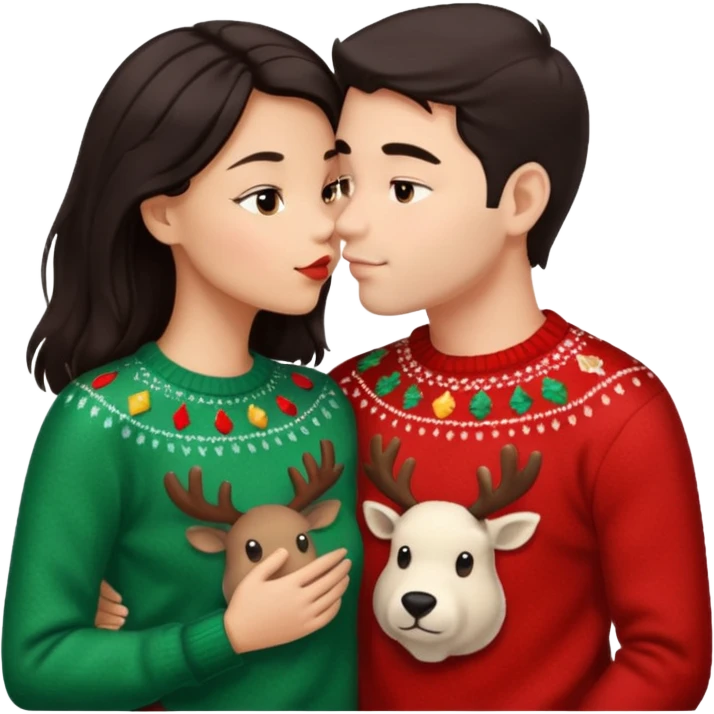 date night christmas couples, dark hair, about to kiss each other emoji