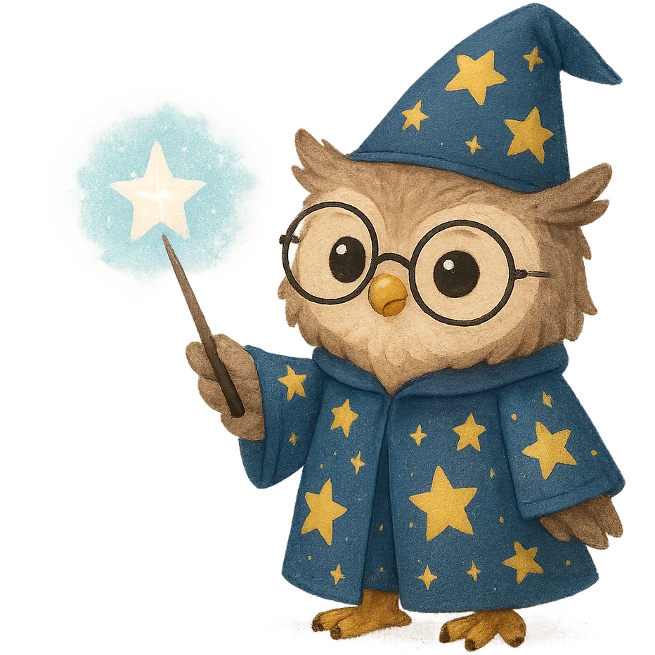 cute owl wizard with a starry robe and glasses, casting a spell emoji