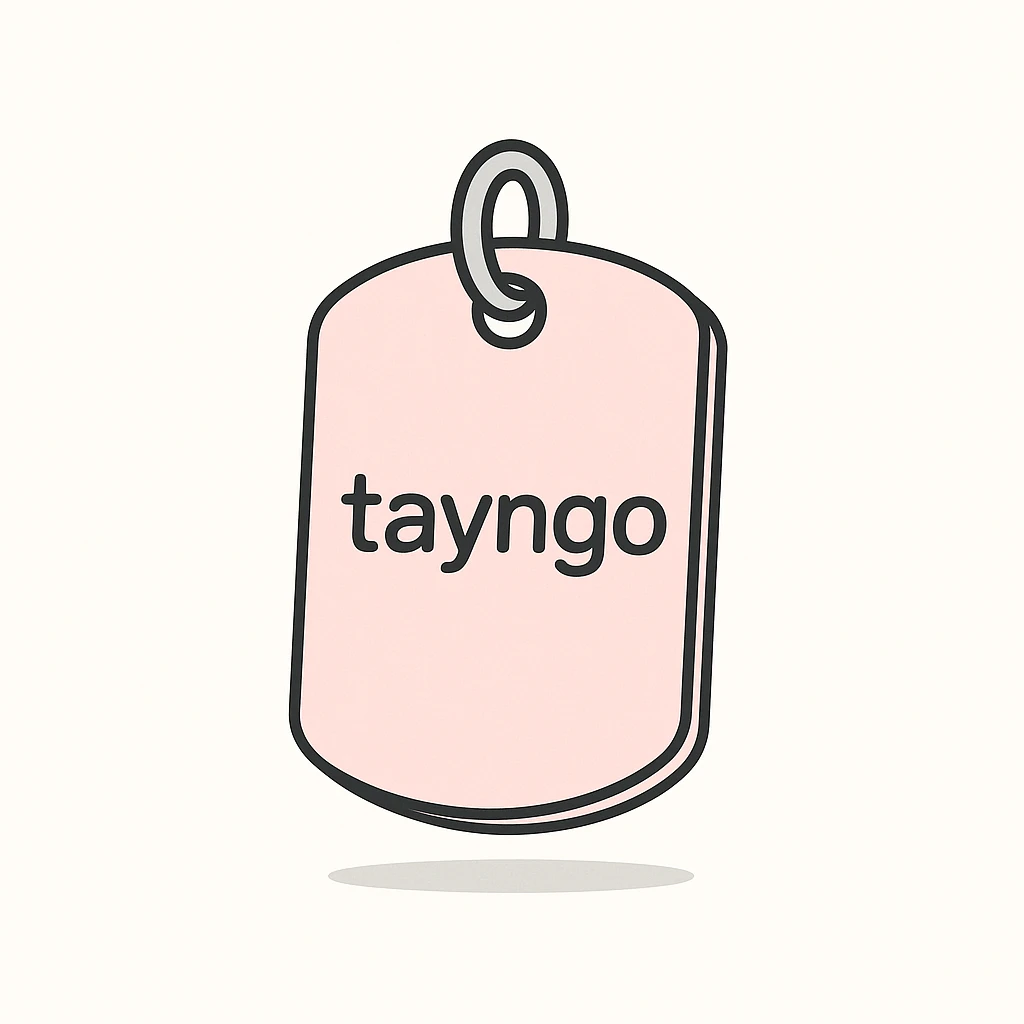light pink dogtag, 'tayngo' engraved, soft shadows emoji
