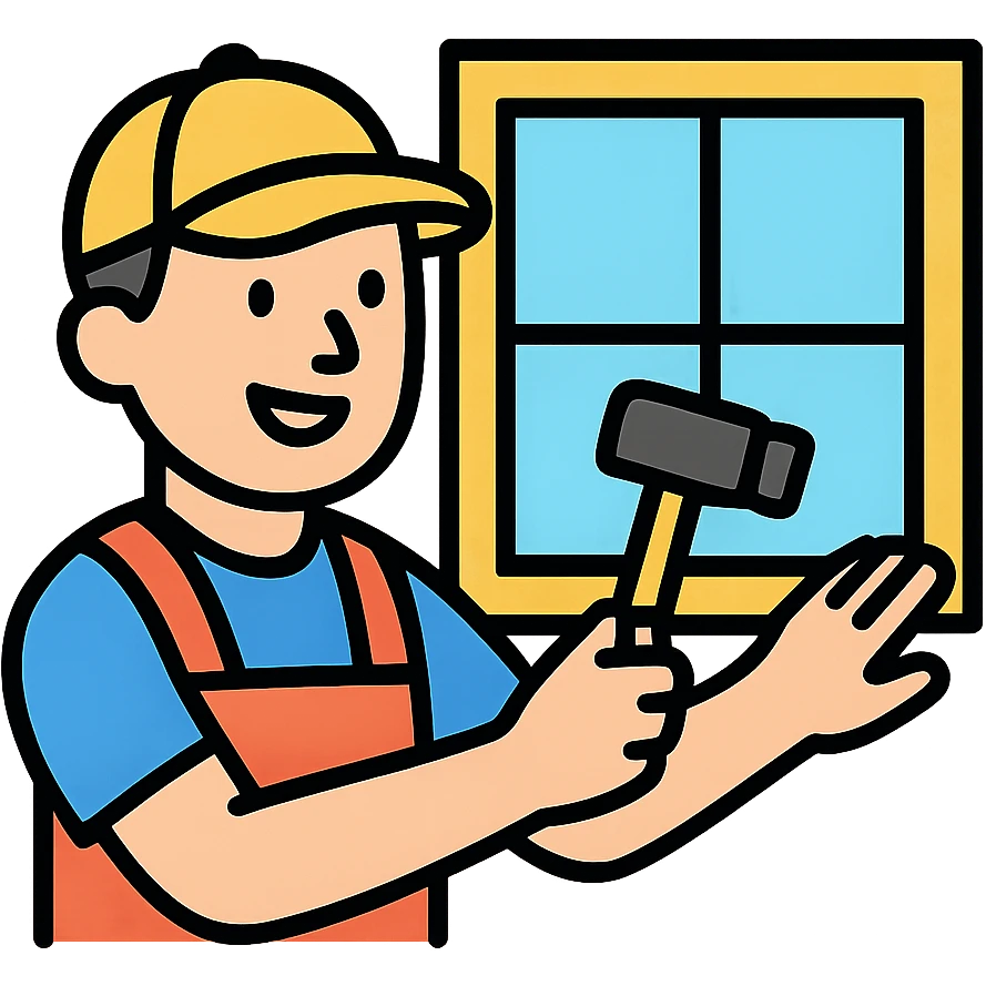 Window repair craftsman smiling while holding a small rubber mallet in his hand, looking at window he's fixing emoji