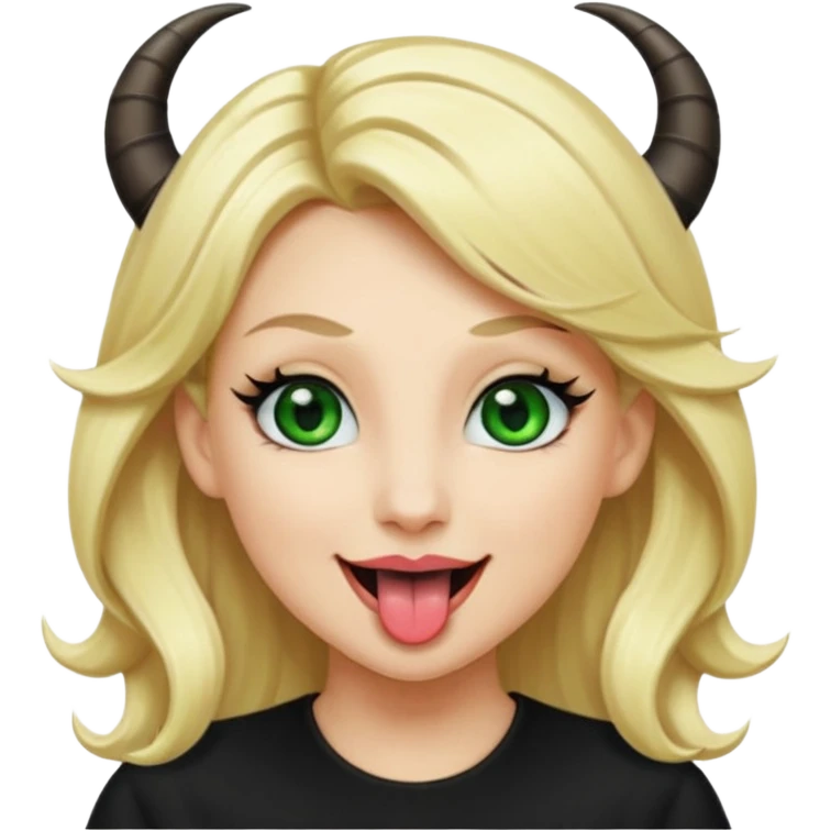 Emoji femme blonde habillée en noir cheveux blond, yeux vert avec de long cils noir qui tire la langue et à des cornes  emoji