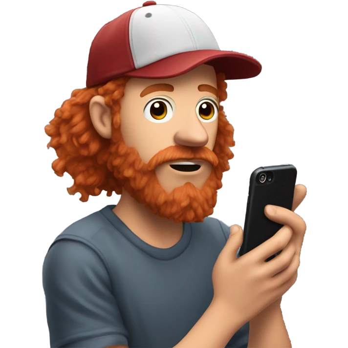 Homeless guy with medium length grizzly red hair wearing a flat bill baseball hat with lots of nose hair taking a video of himself on his phone emoji