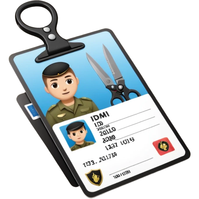 Floating black Scissors cutting in half an idf soldier ID card with a little chip in 2 parts emoji