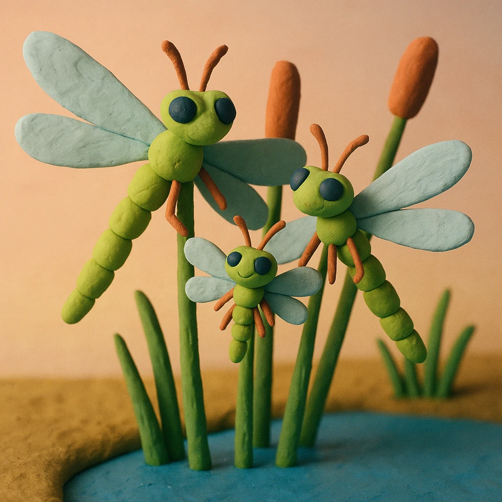 claymation style dragonfly family resting on reeds by a pond, parents and baby dragonflies, pastel background emoji
