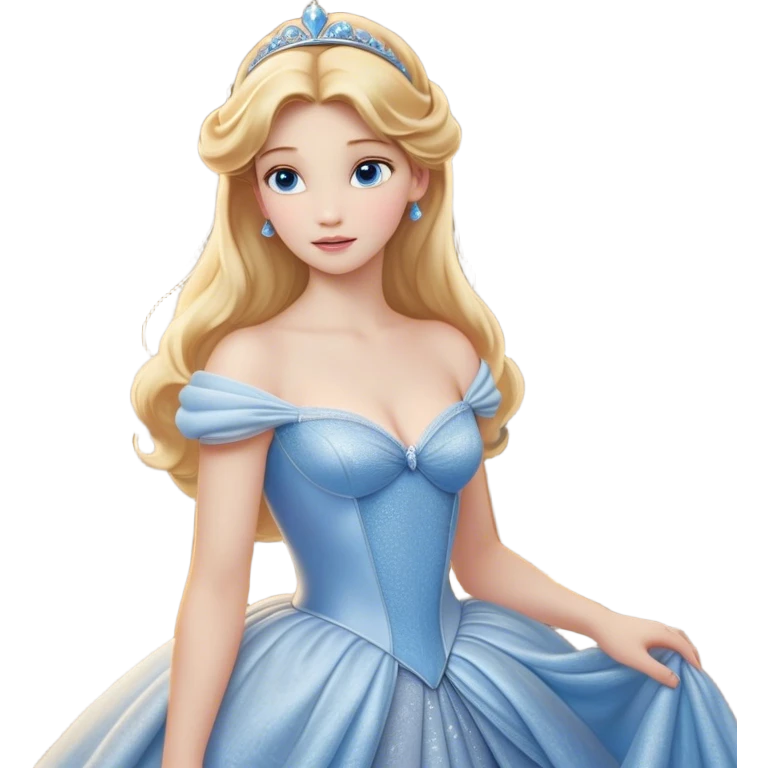 Cinematic Realistic Cute Cinderella Portrait, featuring fair, luminous skin with finely detailed texture and softly lit golden-blonde hair cascading in gentle waves. Her warm, inviting blue eyes sparkle with youthful charm and curiosity, while her classic, elegantly draped ball gown reveals meticulously rendered fabric details and natural folds. The overall composition is bathed in a gentle, realistic radiance that exudes both playfulness and heartfelt beauty. emoji