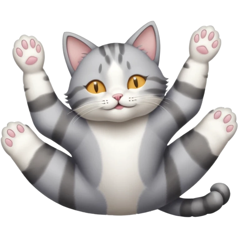 grey and white small cat eyes closed lying down upside down with paws stretched out straight in different directions emoji
